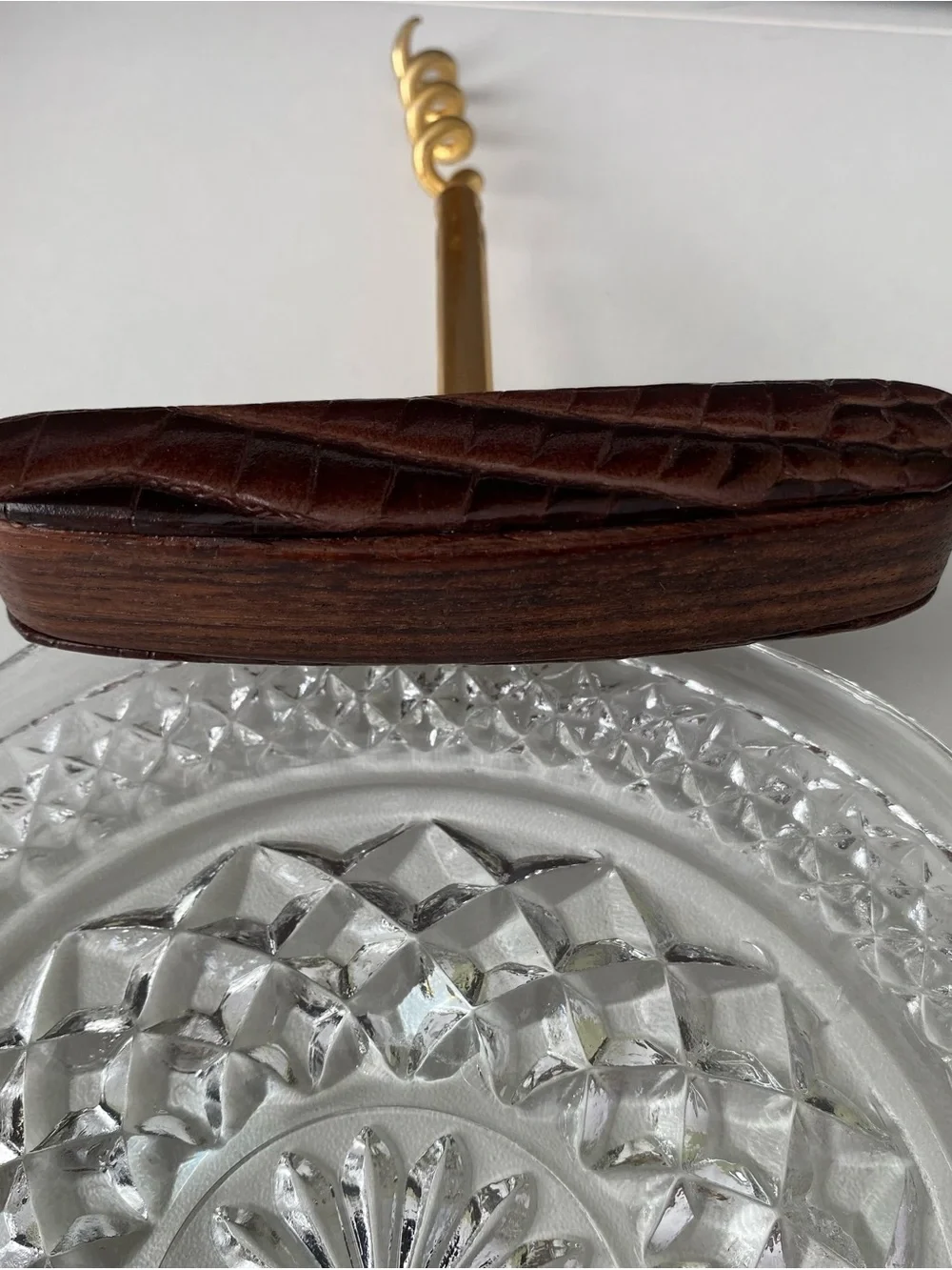 Vintage mid-century brass and faux-crocodile leather bar set.
